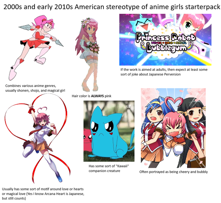 2000s and early 2010s American stereotype of anime girls starterpack Combines various anime genres, usually shonen, shojo, and magical girl Hair color is ALWAYS pink Usually has some sort of motif around love or hearts or magical love (Yes I know Arcana Heart is Japanese, but still counts) Princess Dobot プリンセス ロボットバブルガム bubblegums If the work is aimed at adults, then expect at least some sort of joke about Japanese Perversion Has some sort of "Kawaii" companion creature Often portrayed as being cheery and bubbly