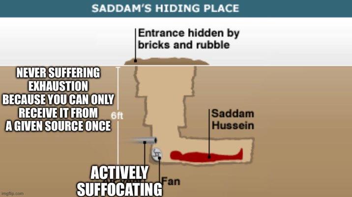 SADDAM'S HIDING PLACE Entrance hidden by bricks and rubble NEVER SUFFERING EXHAUSTION BECAUSE YOU CAN ONLY RECEIVE IT FROM 6ft A GIVEN SOURCE ONCE imgflip.com ACTIVELY SUFFOCATING Fan |Saddam Hussein