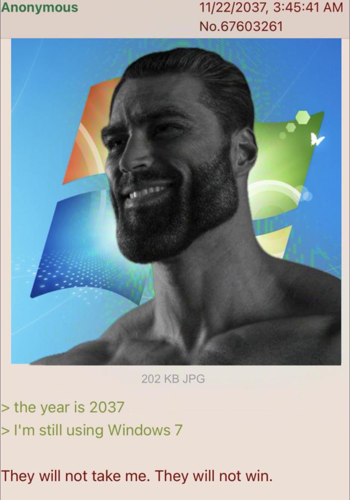 Anonymous 11/22/2037, 3:45:41 AM No.67603261 >the year is 2037 202 KB JPG > I'm still using Windows 7 They will not take me. They will not win.