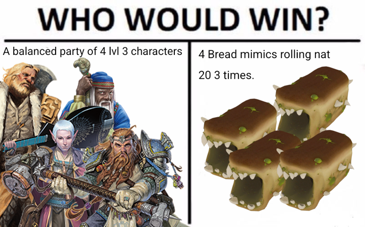WHO WOULD WIN? A balanced party of 4 lvl 3 characters 4 Bread mimics rolling nat 20 3 times.