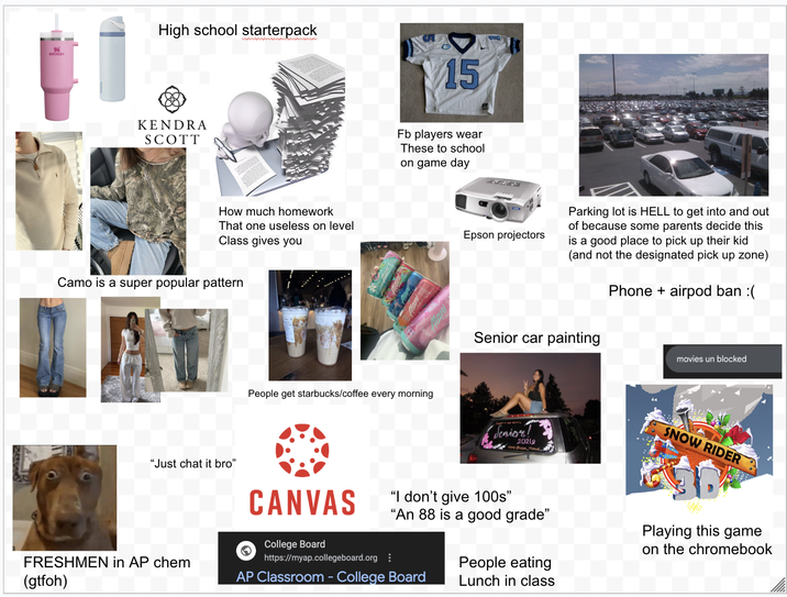 STANLEY High school starterpack wwwwwwwwwwww KENDRA SCOTT How much homework That one useless on level Class gives you Camo is a super popular pattern 15 Fb players wear These to school on game day People get starbucks/coffee every morning Epson projectors Parking lot is HELL to get into and out of because some parents decide this is a good place to pick up their kid (and not the designated pick up zone) Phone + airpod ban :( Senior car painting movies un blocked Senior! 2026 SNOW RIDER "Just chat it bro" FRESHMEN in AP chem (gtfoh) CANVAS College Board https://myap.collegeboard.org: "I don't give 100s" "An 88 is a good grade" AP Classroom - College Board People eating Lunch in class Playing this game on the chromebook