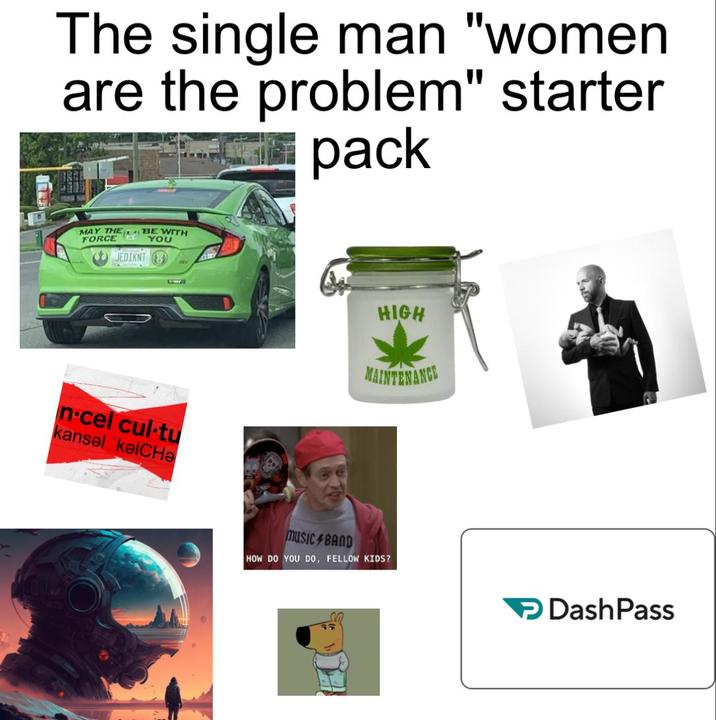 The single man "women are the problem" starter pack MAY THE FORCE BE WITH JEDIKNT YOU n-cel cul-tu kansel 'kelCHǝ HIGH MAINTENANCE music BAND HOW DO YOU DO, FELLOW KIDS? Dash Pass