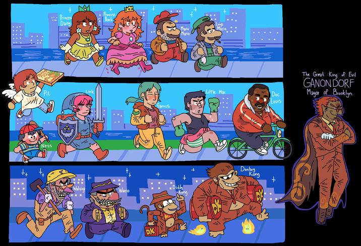 PALUTEN PIZZA + ☑ Princess Daisy си Pit Link Ness ++ Waluigi + WARIO + Otrebot + Princess Peach Mario Luigi Mario Mario ** X + Wario WARIO DK Samus g Diddy + Kong Little Mac Doc Louis + Donkey Kong + The Great King of Evil GANON DORF Mayor of Brooklyn. ་།།