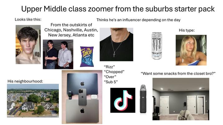 Upper Middle class zoomer from the suburbs starter pack Looks like this: Thinks he's an influencer depending on the day His type: ZERO AZUCAR From the outskirts of Chicago, Nashville, Austin, New Jersey, Atlanta etc His neighbourhood: 00 Takis BLUE HEAT MONSTER ENER ULTRA "Rizz" "Chopped" "Over" "Sub 5" "Want some snacks from the closet bro?" ل