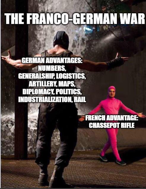 THE FRANCO-GERMAN WAR GERMAN ADVANTAGES: NUMBERS, GENERALSHIP, LOGISTICS, ARTILLERY, MAPS, DIPLOMACY, POLITICS, INDUSTRIALIZATION, RAIL FRENCH ADVANTAGE: CHASSEPOT RIFLE