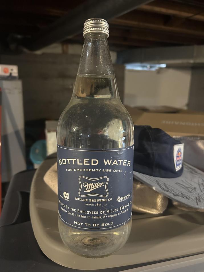 OP 95014 BOTTLED WATER FOR EMERGENCY USE ONLY WONG-ILLINOIS Miller MILLER BREWING CO SINCE 1855 PRINT GROUP BREWING CO VIDED BY THE EMPLOYEES OF MILLERI My GA Eden, NC Fort Worth, TX Irwindale, CA Milwaukee, WI Trenton, OH NOT TO BE SOLD IVNE W