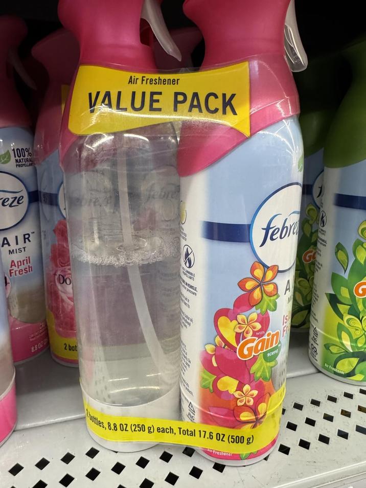 100% NATURAL PROPELLANT Air Freshener VALUE PACK reze AIR MIST April Fresh Do 8.807 2 bot febre febre ABLE PELLANTS VEHICLE pressure Реб A with Gain scent bottles 8.8 OZ (250 g) each, Total 17.6 OZ (500 g) Freshener AL Post 99997 Air Freshener