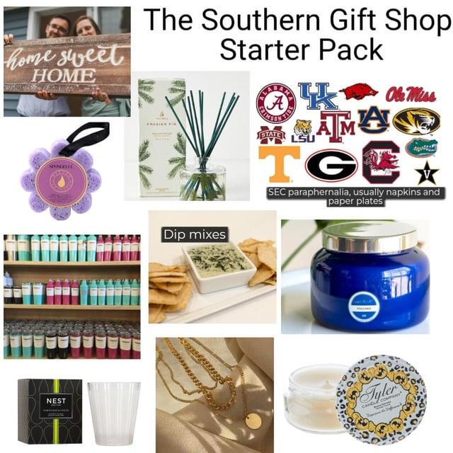 home sweet HOME NEST The Southern Gift Shop Starter Pack A STATE LSU Ole Miss MAMUS TGE SEC paraphernalia, usually napkins and paper plates Dip mixes Tyler CANELE COMP