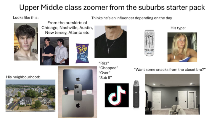 Upper Middle class zoomer from the suburbs starter pack Looks like this: Thinks he's an influencer depending on the day His type: From the outskirts of Chicago, Nashville, Austin, New Jersey, Atlanta etc ZERO AZUCAR His neighbourhood: Takis M MONSTER *NERY ULTRA "Rizz" "Chopped" "Over" "Sub 5" "Want some snacks from the closet bro?" ل