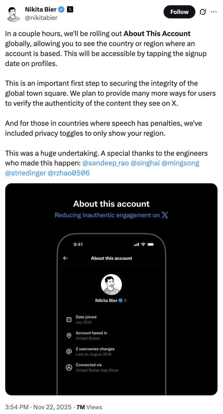 X user @nikitabier posted a tweet officially announcing the rollout of the "account based in" feature on X that shows a user's "country of origin."
