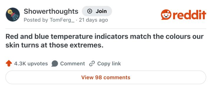 Showerthoughts + Join Posted by Tom Ferg_ 21 days ago reddit Red and blue temperature indicators match the colours our skin turns at those extremes. 4.3K upvotes Comment Copy link View 98 comments