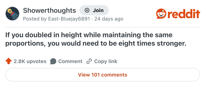 Showerthoughts + Join Posted by East-Bluejay6891 24 days ago reddit If you doubled in height while maintaining the same proportions, you would need to be eight times stronger. 2.8K upvotes Comment Copy link View 101 comments
