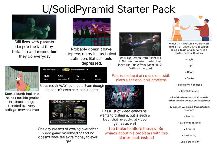 U/Solid Pyramid Starter Pack Still lives with parents despite the fact they hate him and remind him they do everyday Probably doesn't have depression by it's technical definition. But still feels depressed. Add social link > 48 achievements > 664k Karma 7.6k 1y 0 Contributions > Account Age Active In Feels like James from Silent Hill 2 (Without the wife murder) but looks like Eddie from Silent Hill 2 (Without the gun) Fails to realize that no one on reddit gives a s--- about his problems Such a dumb f--- that he has terrible grades in school and got rejected by every college known to man Uses reddit WAY too much. Even though he doesn't even care about karma Devil May Cry RESIDENT EVIL 4 COLLECTOR'S EDITION ESENT VL4 ESENT の мен Extra DLC Pack Game Steelbook Extra DLC Pack Product Code Digital Soundtrack Figure Artbook Poster Box Leon & Ashley Costumes: Casual Leon & Ashley Costumes: Romantic' Leon Costume & Filter: 'Hero' Leon Costume & Filter: 'Villain' Treasure Map: Expansion Deluxe Weapon: 'Sentinel Nine Weapon: 'Skull Shaker Original Ver. Soundtrack Swap Accessory: Sunglasses (Sporty Pre-Order Bonuses. Attaché Case: Gold?'Classic" ●Charm: 'Handgun Amma" Green Hert Deluxe One day dreams of owning overpriced video game merchandise that he doesn't have the extra money to ever get Has a list of video games he wants to platinum, but is such a loser that he sucks at video games as well Too broke to afford therapy. So whines about his problems with this starter pack instead Almost any reason a woman can find a man unattractive (Besides being a bigot or a pervert) is a quality he has. Such as: • Ugly • Fat • Short • Broke Basically Friendless • Small Johnson • No idea how to socialize with other human beings on this planet • Minimum wage job that gets him nowhere • No car Live with parents • Low IQ • Not funny • Bad personality