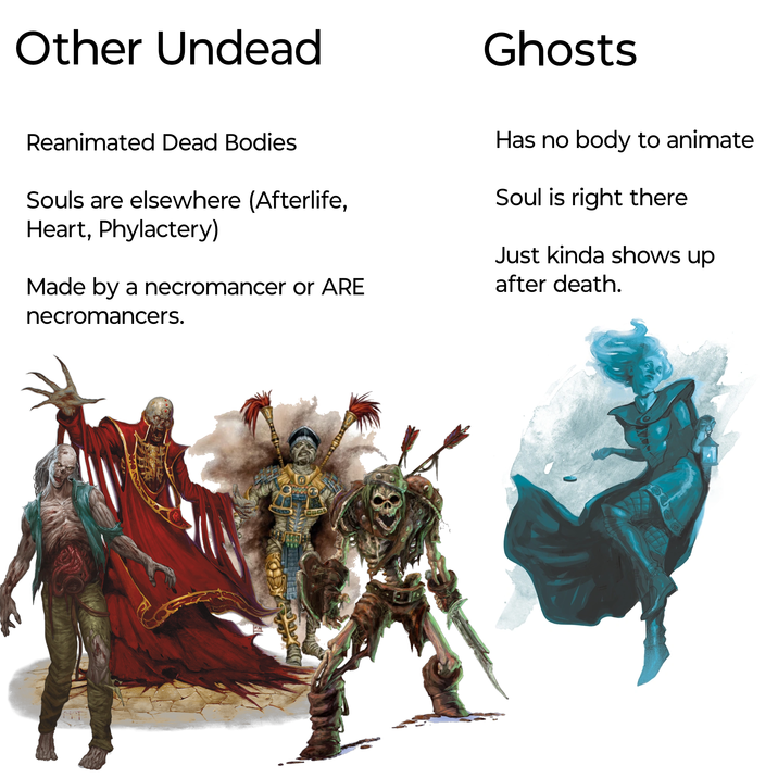 Other Undead Ghosts Reanimated Dead Bodies Souls are elsewhere (Afterlife, Heart, Phylactery) Made by a necromancer or ARE necromancers. Has no body to animate Soul is right there Just kinda shows up after death.