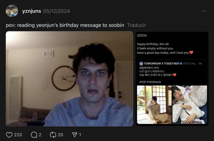 X user @yznjuns made a post about K-Pop star Yeonjun, gathering over 200 likes on a post captioned, "pov: reading yeonjun’s birthday message to soobin."