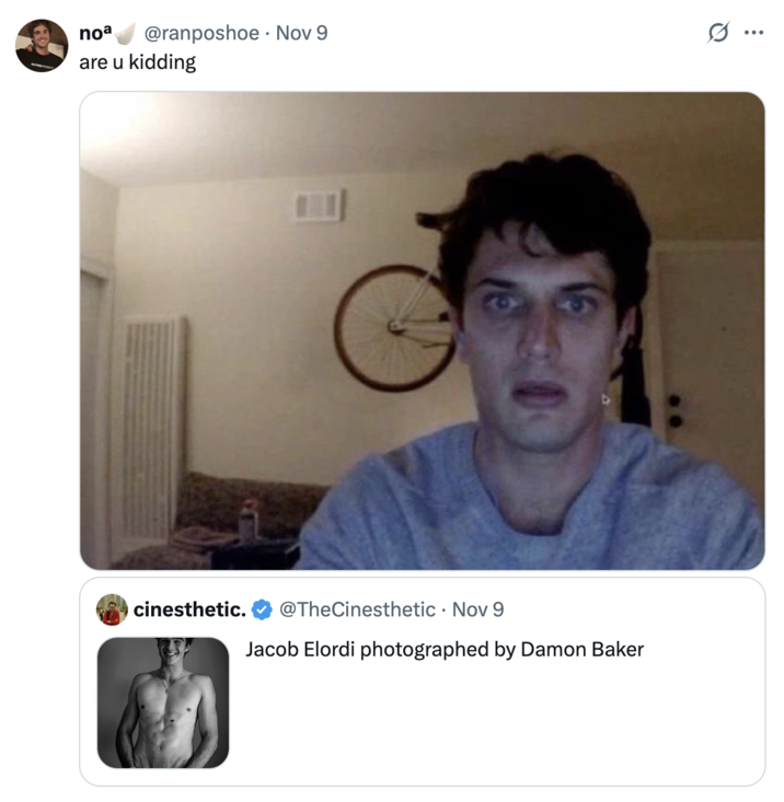 X user @ranposhoe posted the "Guy Staring into Webcam" meme in response to a shirtless photo of actor Jacob Elordi.