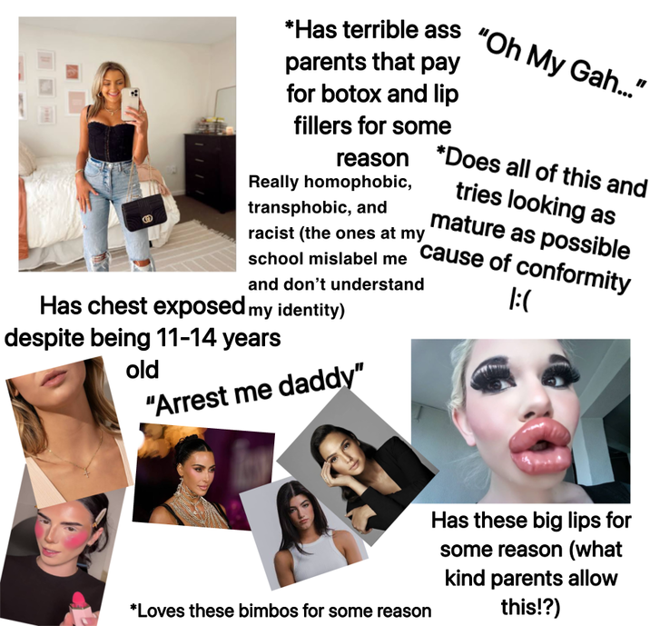 *Has terrible ass "Oh My Gah..." parents that pay for botox and lip fillers for some reason *Does all of this and Really homophobic, transphobic, and racist (the ones at my tries looking as mature as possible school mislabel me cause of conformity and don't understand Has chest exposed my identity) despite being 11-14 years old "Arrest me daddy" I:( *Loves these bimbos for some reason Has these big lips for some reason (what kind parents allow this!?)