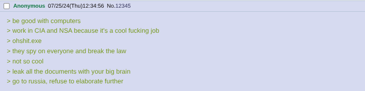 Anonymous 07/25/24(Thu)12:34:56 No.12345 > be good with computers > work in CIA and NSA because it's a cool f------ job > ohshit.exe > they spy on everyone and break the law > not so cool > leak all the documents with your big brain > go to russia, refuse to elaborate further