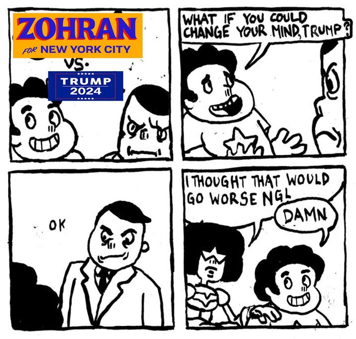 ZOHRAN FOR NEW YORK CITY VS. ***** TRUMP 2024 WHAT IF YOU COULD CHANGE YOUR MIND, TRUMP? ok I THOUGHT THAT WOULD GO WORSE NGL DAMN