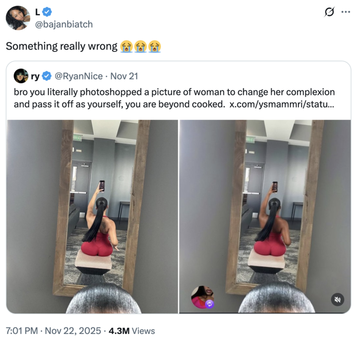 X user @bajanbiatch reacted to @ysmammri being accused of being an Indian man catfishing as a Black woman.