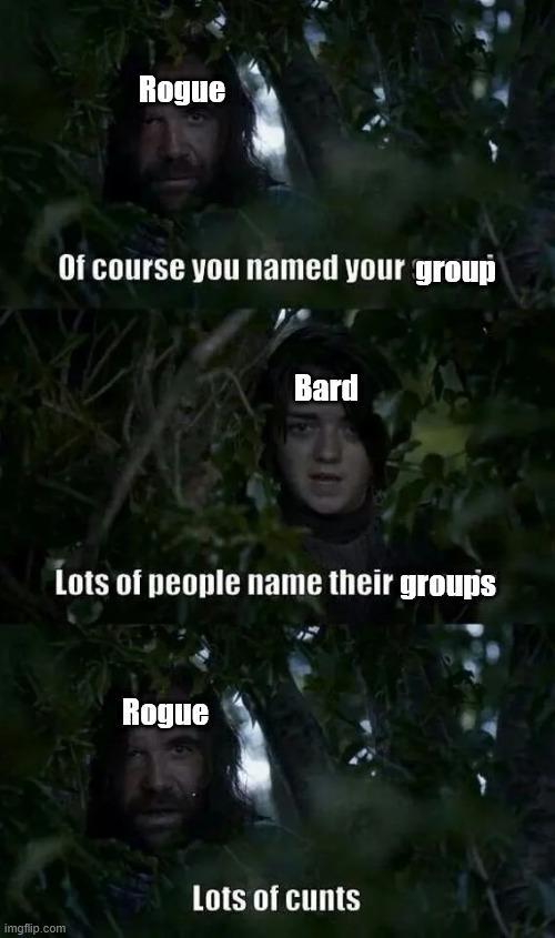imgflip.com Rogue Of course you named your group Bard Lots of people name their groups Rogue Lots of c----