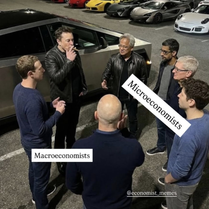 Instagram page @economist_memes labelled the image of the tech CEOs standing around a parking lot, dividing them into microeconomics and macroeconomics. 