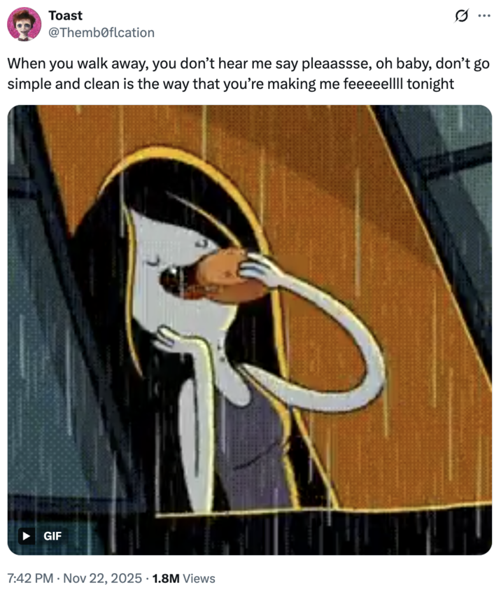 A "tweet":https://knowyourmeme.com/memes/sites/twitter-x using the Marceline Breast Enlargement GIF, showing the "_Adventure Time_":https://knowyourmeme.com/memes/subcultures/adventure-time character Marceline the Vampire Queen.