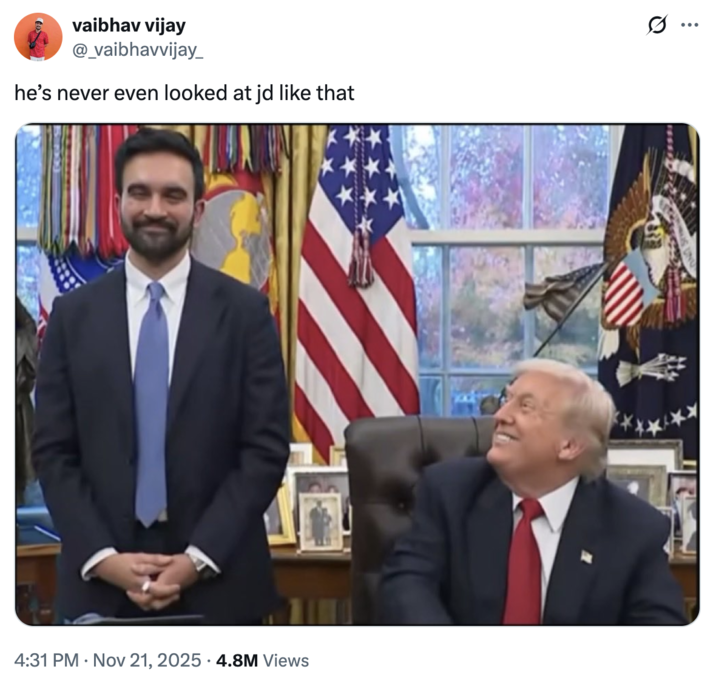 Tweet by @_vaibhavvijay_ that reads, "he’s never even looked at jd like that."