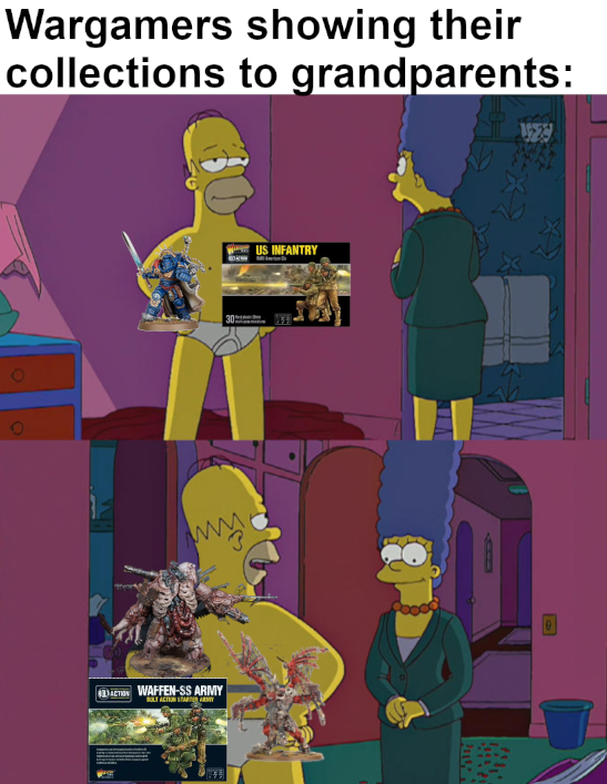 Wargamers showing their collections to grandparents: O O US INFANTRY www ACTION WAFFEN-SS ARMY BOLT ACTION STAARDITY 99