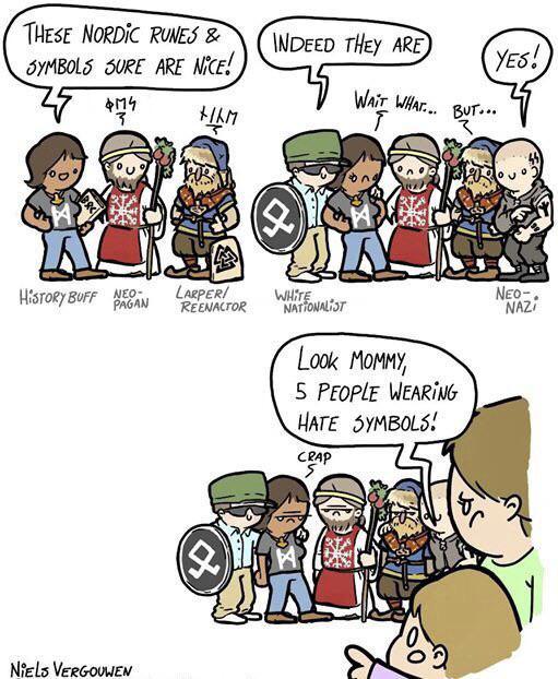 THESE NORDIC RUNES & SYMBOLS SURE ARE NICE! INDEED THEY ARE YES! 414 FILM WAIT WHAT... BUT... T HISTORY BUFF NEO- PAGAN LARPER! REENACTOR NIELS VERGOUWEN WHITE NATIONALIST Look MOMMY, 5 PEOPLE WEARING HATE SYMBOLS! CRAP JA NEO-. NAZI