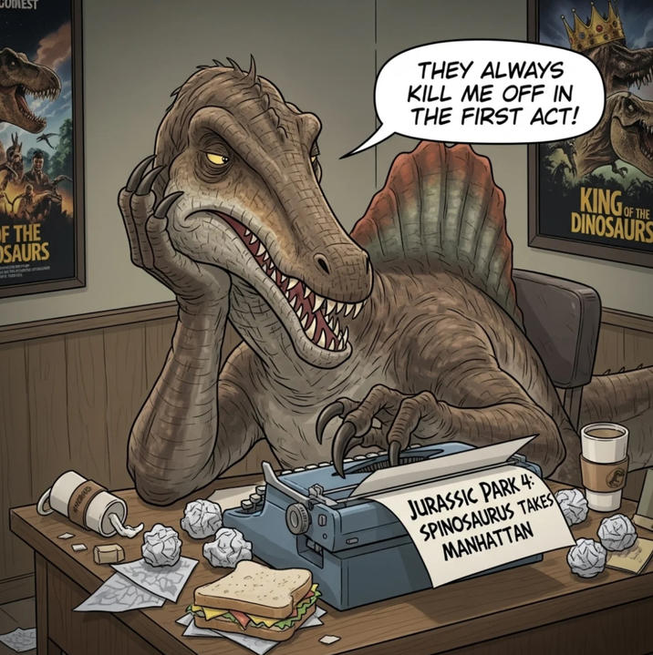 COM OF THE OSAURS me nasta NORSOS THEY ALWAYS KILL ME OFF IN THE FIRST ACT! JURASSIC PARK 4: SPINOSAURUS TAKES MANHATTAN KING DINOSAURS OF THE