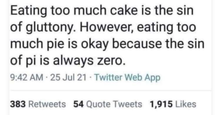 Eating too much cake is the sin of gluttony. However, eating too much pie is okay because the sin of pi is always zero. 9:42 AM - 25 Jul 21 Twitter Web App 383 Retweets 54 Quote Tweets 1,915 Likes