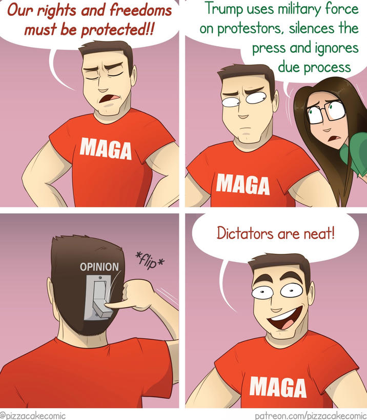 Our rights and freedoms must be protected!! Trump uses military force on protestors, silences the press and ignores due process MAGA OPINION *flip* MAGA Dictators are neat! @pizzacakecomic MAGA patreon.com/pizzacakecomic