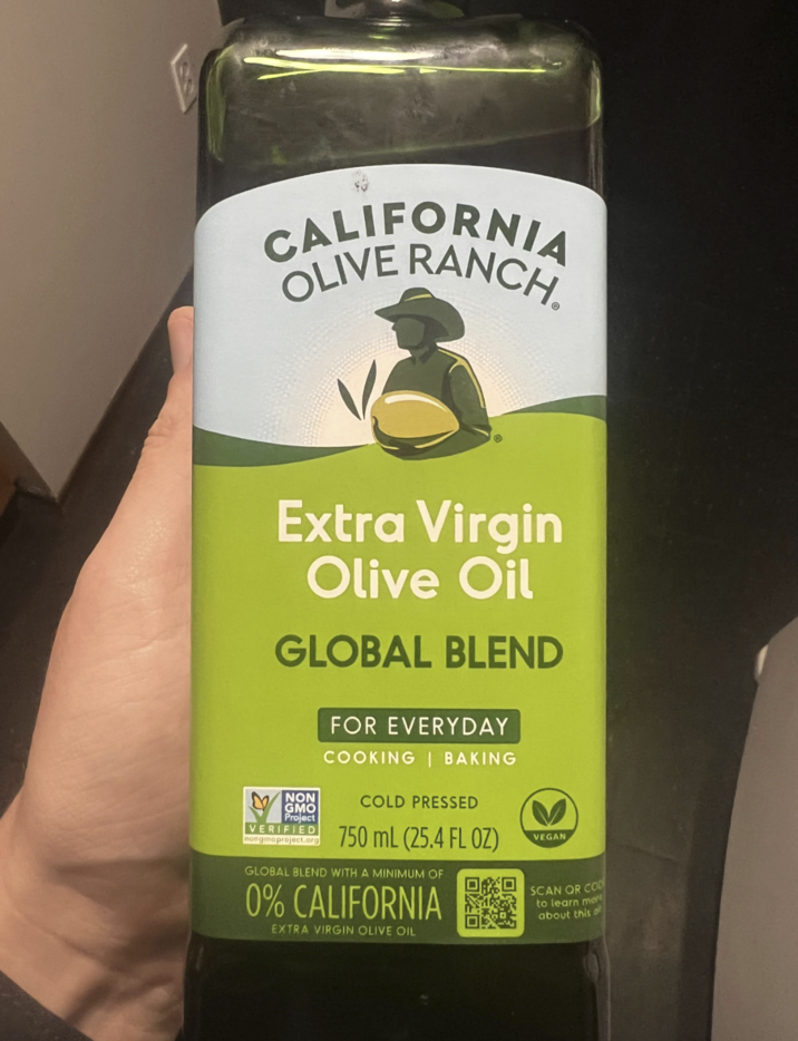 CALIFORNIA OLIVE RANCH Extra Virgin Olive Oil GLOBAL BLEND NON GMO Project VERIFIED nongmaproject.org FOR EVERYDAY COOKING | BAKING COLD PRESSED 750 mL (25.4 FL OZ) GLOBAL BLEND WITH A MINIMUM OF 0% CALIFORNIA EXTRA VIRGIN OLIVE OIL VEGAN SCAN QR COD to learn mor about this o