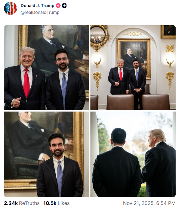 On November 21st, Donald Trump posting a series of photos posing with Zohran Mamdani and showing him standing in front of a portrait of FDR. The post was later quoted with another that read, "It was a Great Honor meeting Zohran Mamdani, the new Mayor of New York City!"