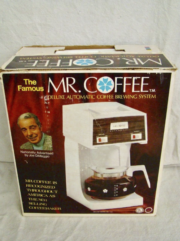 PERSONIMAGE FOR TODAY WL The MR. COFFEE.. Famous DELUXE AUTOMATIC COFFEE BREWING SYSTEM Nationally Advertised by Joe DiMaggio MR.COFFEE IS RECOGNIZED THROUGHOUT AMERICA AS THE NO.1 SELLING COFFEEMAKER MR. COFFEE UL DELUXE MODEL MC-1AC