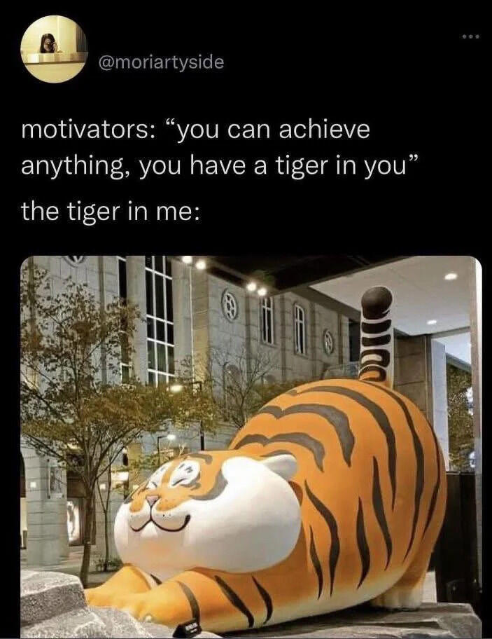 @moriartyside motivators: "you can achieve anything, you have a tiger in you" the tiger in me: