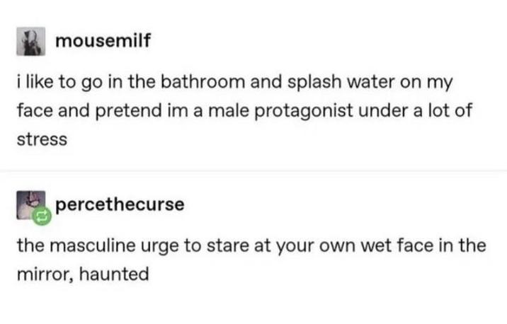 mousemilf i like to go in the bathroom and splash water on my face and pretend im a male protagonist under a lot of stress percethecurse the masculine urge to stare at your own wet face in the mirror, haunted