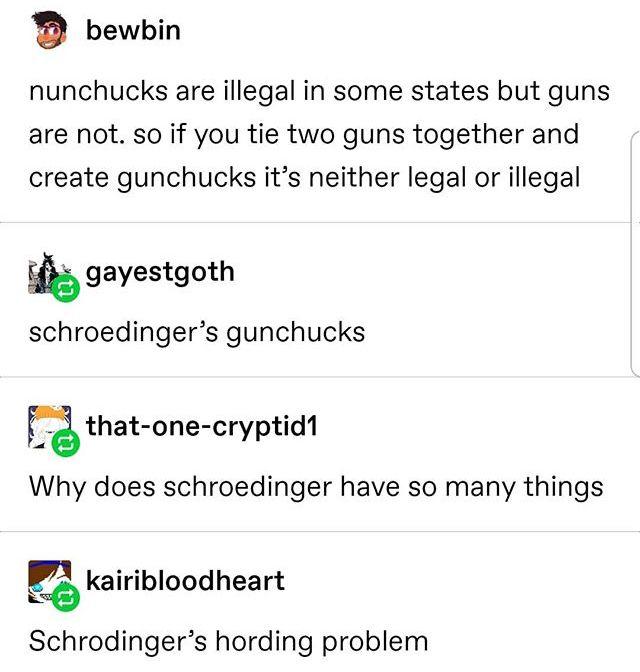 bewbin nunchucks are illegal in some states but guns are not. so if you tie two guns together and create gunchucks it's neither legal or illegal gayestgoth schroedinger's gunchucks that-one-cryptid1 Why does schroedinger have so many things kairibloodheart Schrodinger's hording problem