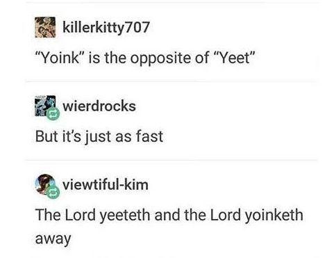killerkitty707 "Yoink" is the opposite of "Yeet" wierdrocks But it's just as fast viewtiful-kim The Lord yeeteth and the Lord yoinketh away