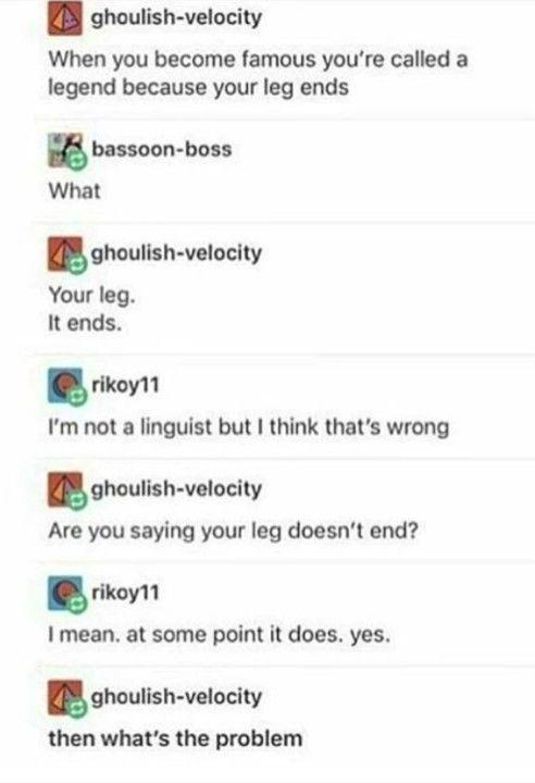 ghoulish-velocity When you become famous you're called a legend because your leg ends What bassoon-boss ghoulish-velocity Your leg. It ends. rikoy11 I'm not a linguist but I think that's wrong ghoulish-velocity Are you saying your leg doesn't end? rikoy11 I mean. at some point it does. yes. ghoulish-velocity then what's the problem