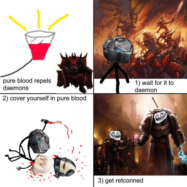 pure blood repels daemons 2) cover yourself in pure blood 1) wait for it to daemon 3) get retconned