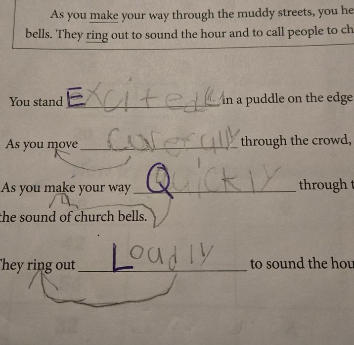 As you make your way through the muddy streets, you he bells. They ring out to sound the hour and to call people to ch You stand Excited in a puddle on the edge As you move Carefully through the crowd, Quickly As you make your way. the sound of church bells. through t They ring out Loudly to sound the hou