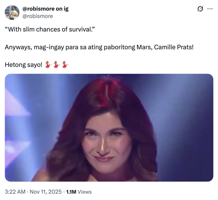 A "meme":https://knowyourmeme.com/memes/memes using the Camille Prats format, in which the Filipino star was introduced on _TiktoClock_ just after a heartfelt, worrying announcement was made about one of the show's previous hosts.