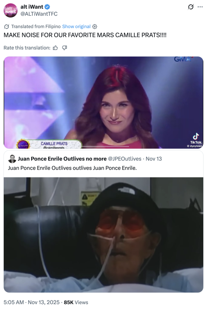A "meme":https://knowyourmeme.com/memes/memes using the Camille Prats format, in which the Filipino star was introduced on _TiktoClock_ just after a heartfelt, worrying announcement was made about one of the show's previous hosts.