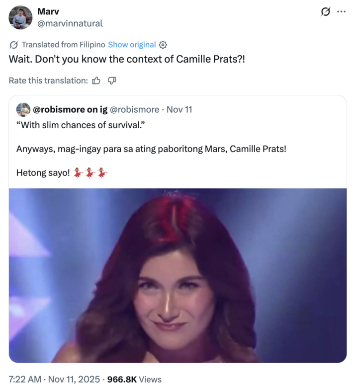 A "meme":https://knowyourmeme.com/memes/memes using the Camille Prats format, in which the Filipino star was introduced on _TiktoClock_ just after a heartfelt, worrying announcement was made about one of the show's previous hosts.