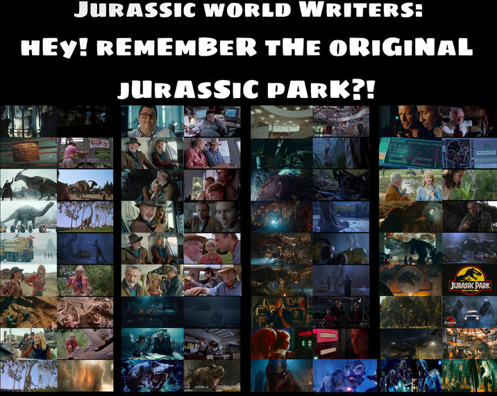 JURASSIC WORLD WRITERS: HEY! REMEMBER THE ORIGINAL JURASSIC PARK?! NOTICE TRESPASSING KEEP OUT REDISTRIBUTING POWER JURASSIC PARK THE LOST WORLD