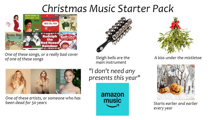 ROCKIN' AROUND THE Christmas Music Starter Pack DECCA A Holly Jolly Christmas CHRISTMAS TREE BOBBY HELMS PAPA NOEL BRENDA LEE JINGLE BELL ROCK 31625 BURL IVES SLEIGH RIDE The Ronettes GEORGE MICHAEL ANDREW RIDGELEY LAST CHRISTMA SANTA CLAUS is COMIN' TO TOWN Rudolph Santa Claus the Red Nosed Reindeer One of these songs, or a really bad cover of one of these songs pppppp Sleigh bells are the main instrument "I don't need any presents this year" A kiss under the mistletoe One of these artists, or someone who has been dead for 50 years amazon music Starts earlier and earlier every year