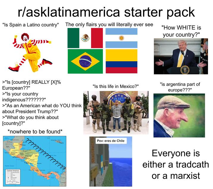 r/asklatinamerica starter pack "Is Spain a Latino country" The only flairs you will literally ever see M "How WHITE is your country?" ORDEN PROGRESSO ESIDENT SEAL AL OF THE OF THE HE UNITE STATES >"Is [country] REALLY [X]% European??" >"Is your country indigenous???????" >"As an American what do YOU think about President Trump??" >"What do you think about [country]?" *nowhere to be found* 85 80 Cayman Islands 75 "Is this life in Mexico?" CIA DE INVESTIGACIÓN AIC QAL DEL ON CE Pov: eres de Chile PL DN- "is argentina part of europe???" Bay of Campeche Ciudad del Carmen Villahermosa MEXICO Tuxtla Gutierrez Usumacinta 10 Belize City GUATEMALA Coban *Belmopan BELIZE Puerto Barrios Tapachula Quetzaltenango Guatemala Santa Ana Escuintla San Salvador Pacific Ocean Gulf of Honduras Santa San Pedro Sula La Ceiba HONDURAS Rosa de Juticalpa Copan Montego Bay JAMAICA Spanish Town Kingston ???????????????? San Miguel EL SALVADOR Chinandega Central America International Boundary Road Minor Road Tegucigalpa Choluteca Leon Puerto Cabezas Matagalpa NICARAGUA Managua Masaya Granada Lago de Nicaragua Bluefields San Juan Liberia COSTA RICA Puntarenas Jose San Puerto Limon David PANAMA Colon Panama⭑ Nargana 10 Sincelejo Monteria. River National Capital City or Town 100 200 KM O 100 200 Miles 2025 Geology.com 90 Santiago Gulf of Chitre Panama 80 85 COLOMBIA Medelling Everyone is either a tradcath or a marxist
