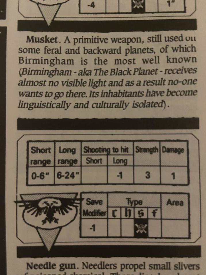 -4 1" Musket. A primitive weapon, still used on some feral and backward planets, of which Birmingham is the most well known (Birmingham - aka The Black Planet-receives almost no visible light and as a result no-one wants to go there. Its inhabitants have become linguistically and culturally isolated). Short Long Shooting to hit Strength Damage range range Short Long 0-6" 6-24" -1 3 1 Save Type Area Modifier Sf -1 Needle gun. Needlers propel small slivers